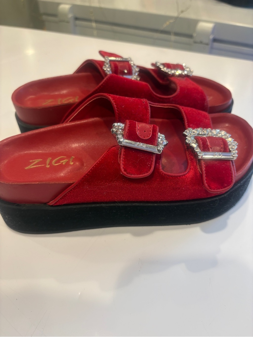 ZIGI girl Red Velvet Slide Sandals with Crystal Buckles